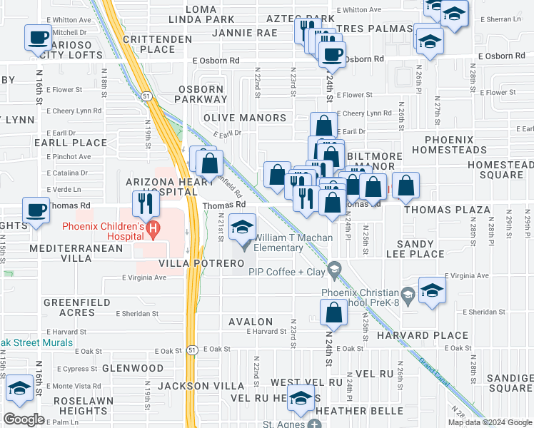 map of restaurants, bars, coffee shops, grocery stores, and more near 2865 North Greenfield Road in Phoenix