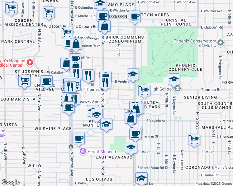 map of restaurants, bars, coffee shops, grocery stores, and more near 355 East Thomas Road in Phoenix