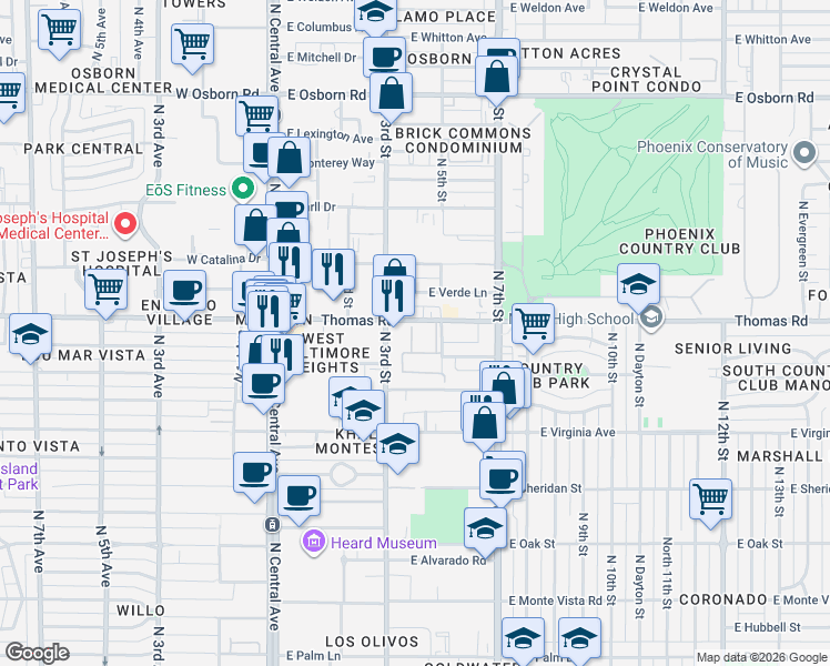 map of restaurants, bars, coffee shops, grocery stores, and more near 355 East Thomas Road in Phoenix
