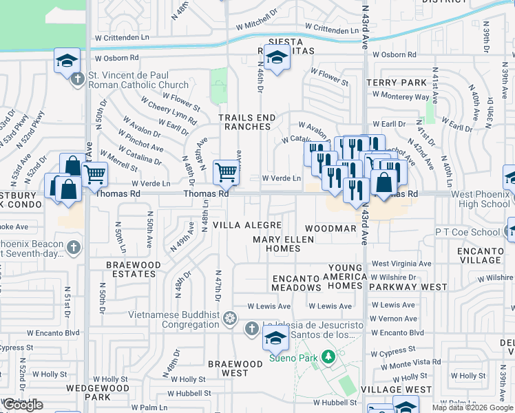 map of restaurants, bars, coffee shops, grocery stores, and more near 2846 North 46th Avenue in Phoenix