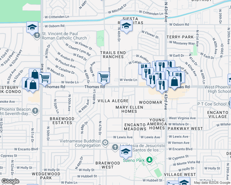 map of restaurants, bars, coffee shops, grocery stores, and more near 2846 North 46th Avenue in Phoenix
