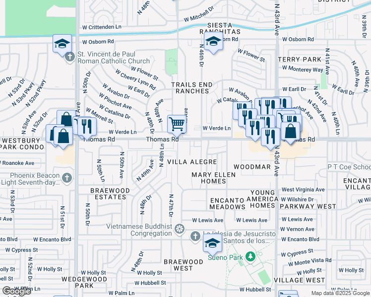 map of restaurants, bars, coffee shops, grocery stores, and more near 4625 West Thomas Road in Phoenix