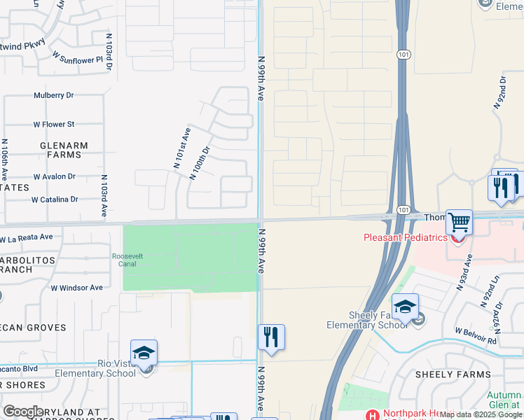 map of restaurants, bars, coffee shops, grocery stores, and more near 2918 North 99th Avenue in Avondale