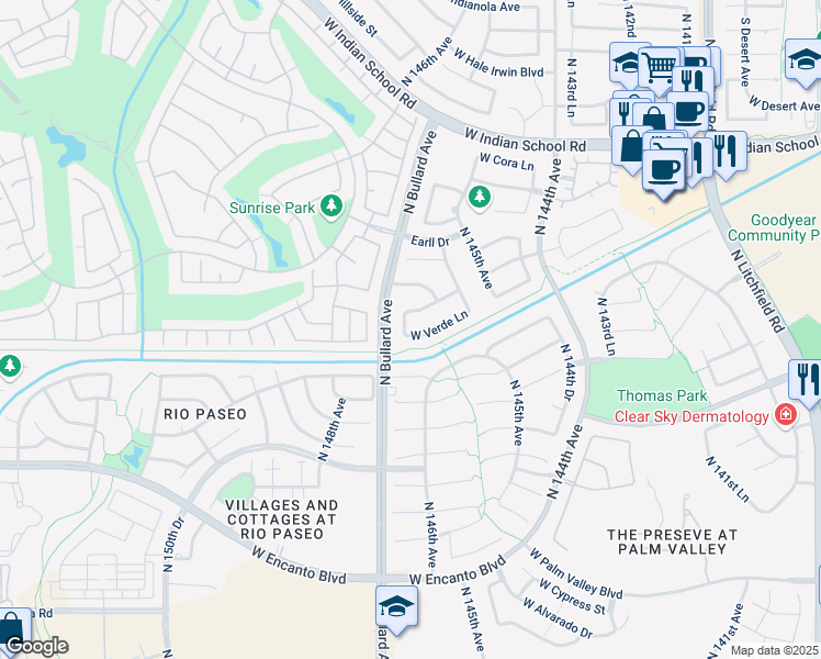 map of restaurants, bars, coffee shops, grocery stores, and more near 14640 West Verde Lane in Goodyear