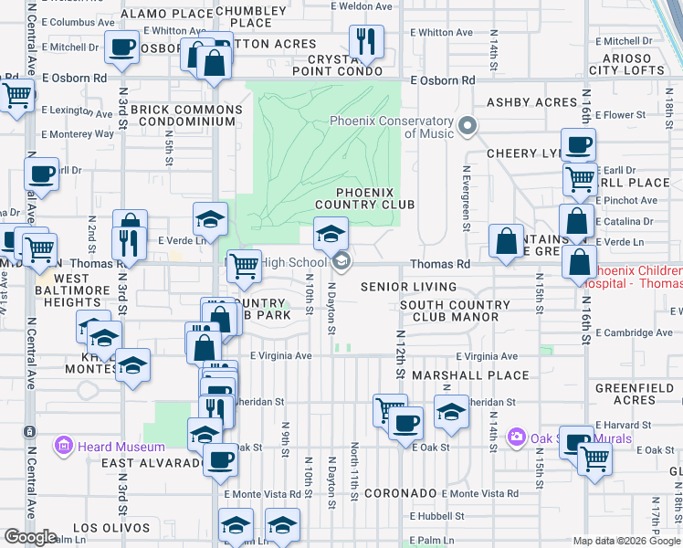 map of restaurants, bars, coffee shops, grocery stores, and more near 1101 East Thomas Road in Phoenix