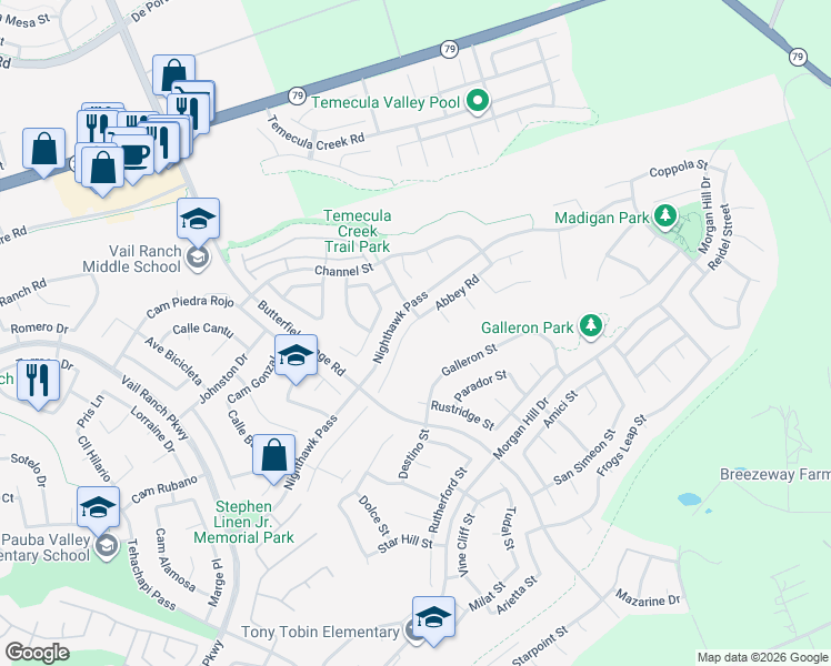 map of restaurants, bars, coffee shops, grocery stores, and more near 33715 Abbey Road in Temecula