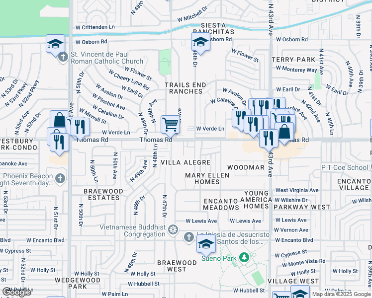 map of restaurants, bars, coffee shops, grocery stores, and more near 4625 West Thomas Road in Phoenix