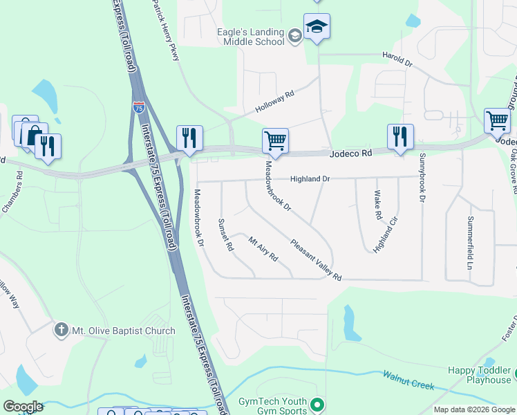 map of restaurants, bars, coffee shops, grocery stores, and more near 30 Pleasant Valley Road in McDonough