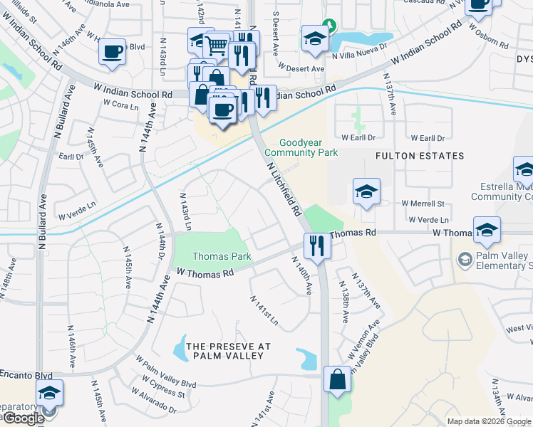 map of restaurants, bars, coffee shops, grocery stores, and more near 2927 North 140th Drive in Goodyear