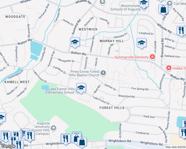 map of restaurants, bars, coffee shops, grocery stores, and more near 3112 Applegate Lane in Augusta