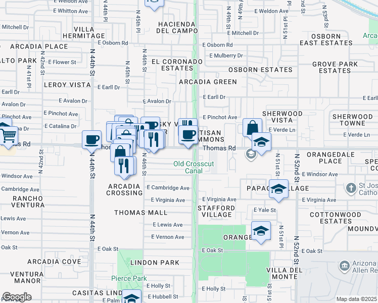 map of restaurants, bars, coffee shops, grocery stores, and more near 4747 East Thomas Road in Phoenix