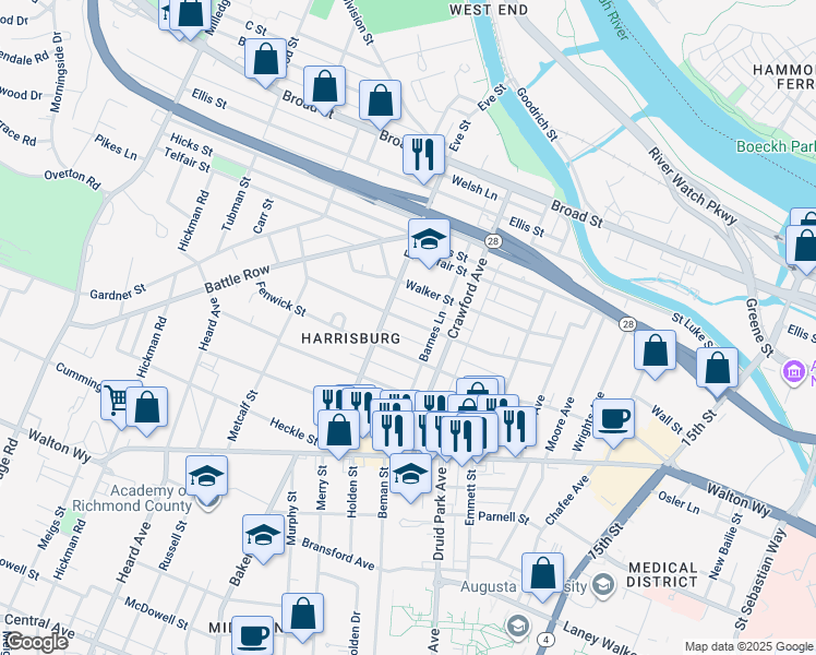 map of restaurants, bars, coffee shops, grocery stores, and more near 1836 Watkins Street in Augusta