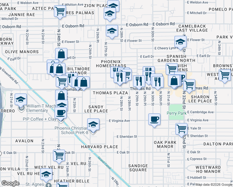 map of restaurants, bars, coffee shops, grocery stores, and more near 2701 East Thomas Road in Phoenix