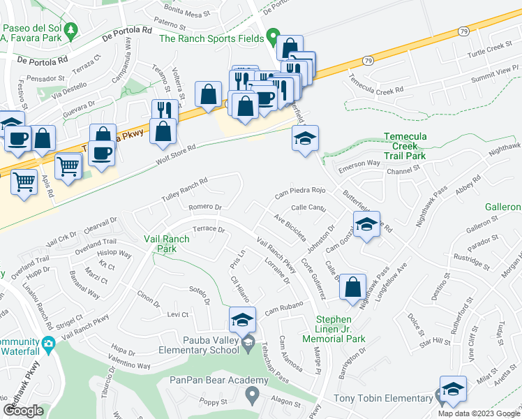 map of restaurants, bars, coffee shops, grocery stores, and more near 33228 Camino Piedra Rojo in Temecula