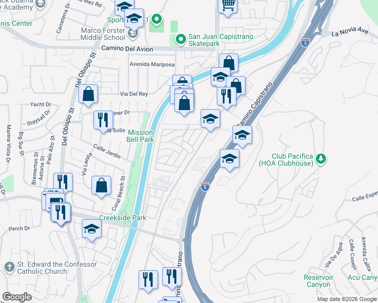 map of restaurants, bars, coffee shops, grocery stores, and more near 26000 Avenida Aeropuerto in San Juan Capistrano
