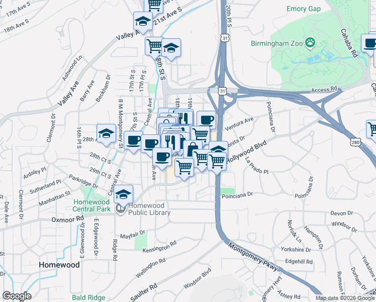 map of restaurants, bars, coffee shops, grocery stores, and more near in Birmingham