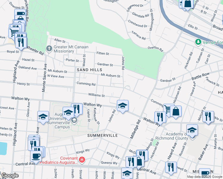 map of restaurants, bars, coffee shops, grocery stores, and more near 2318 Cumming Road in Augusta