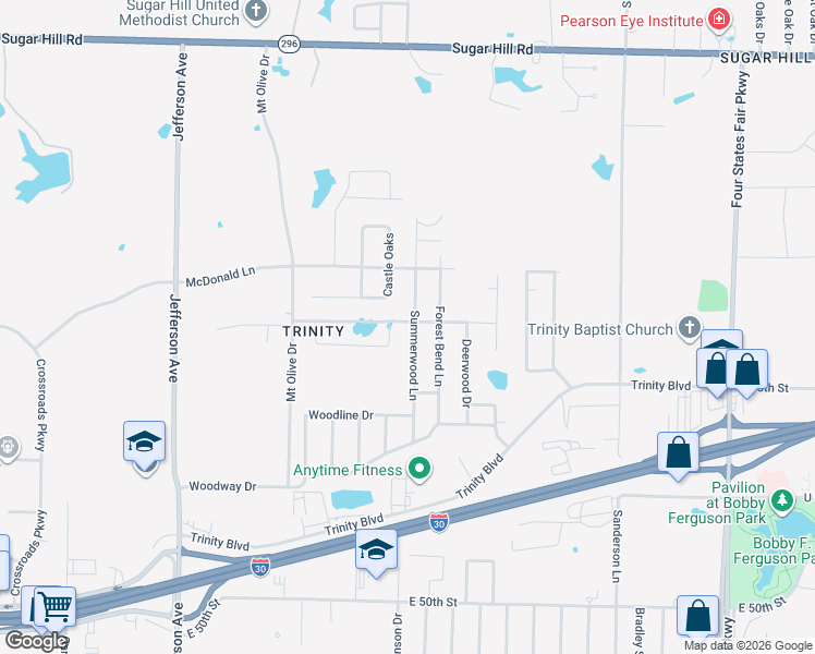 map of restaurants, bars, coffee shops, grocery stores, and more near 5909 Summerwood Lane in Texarkana