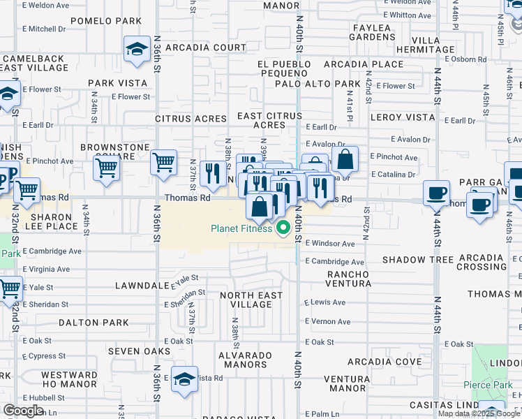 map of restaurants, bars, coffee shops, grocery stores, and more near 3923 East Thomas Road in Phoenix