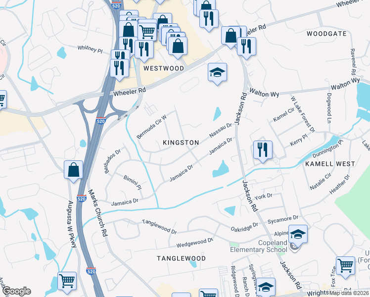 map of restaurants, bars, coffee shops, grocery stores, and more near 3601 Nassau Drive in Augusta