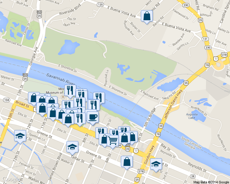map of restaurants, bars, coffee shops, grocery stores, and more near 420 East Shoreline Drive in North Augusta