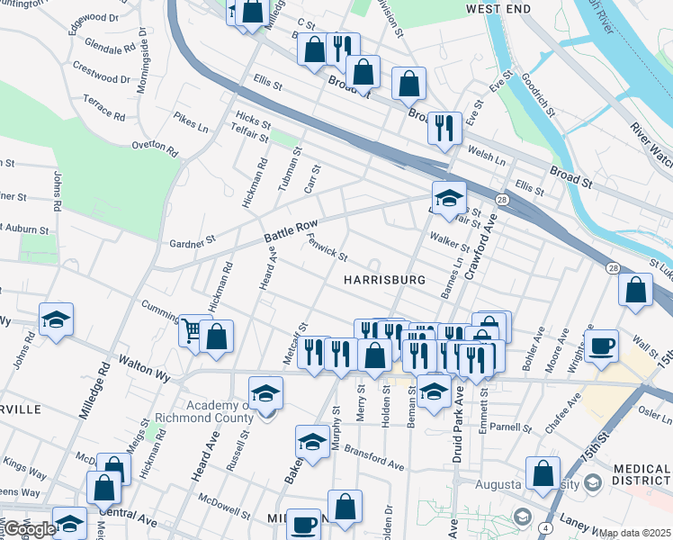 map of restaurants, bars, coffee shops, grocery stores, and more near 710 Metcalf Street in Augusta