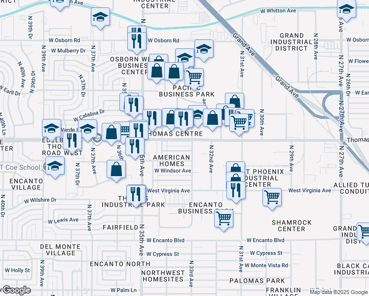 map of restaurants, bars, coffee shops, grocery stores, and more near 3320 West Edgemont Avenue in Phoenix