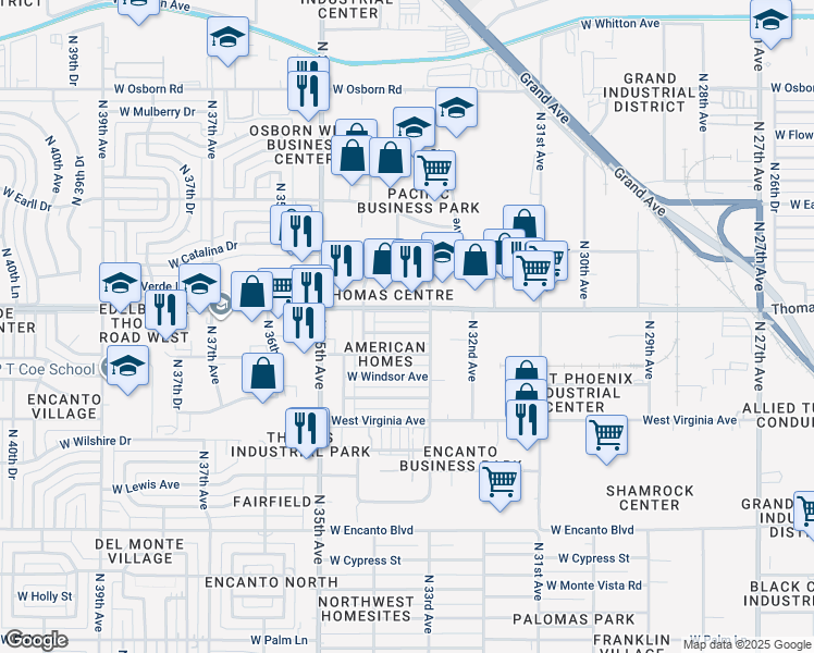 map of restaurants, bars, coffee shops, grocery stores, and more near 3320 West Edgemont Avenue in Phoenix
