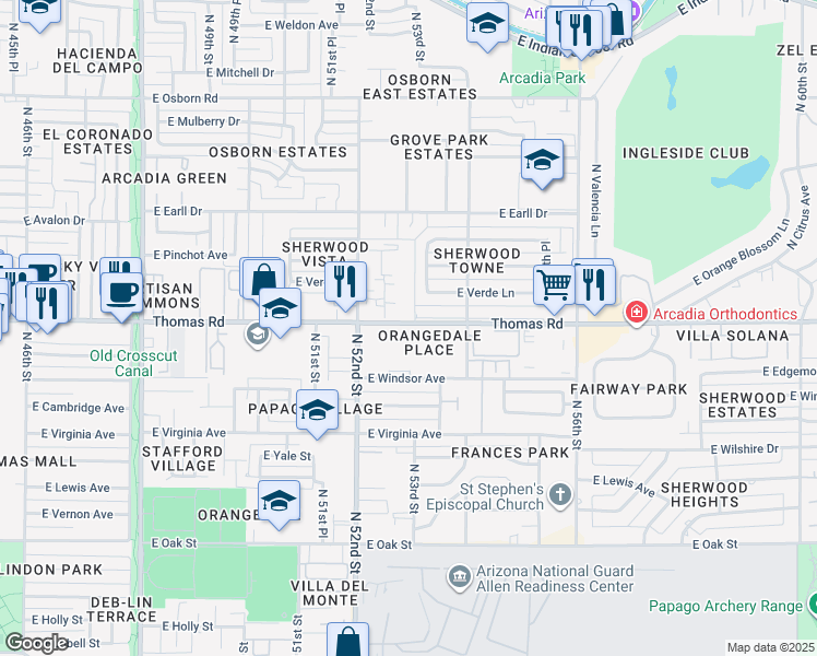 map of restaurants, bars, coffee shops, grocery stores, and more near 5227 East Thomas Road in Phoenix
