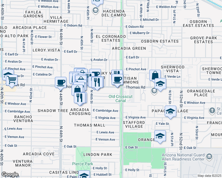 map of restaurants, bars, coffee shops, grocery stores, and more near 4727 East Thomas Road in Phoenix
