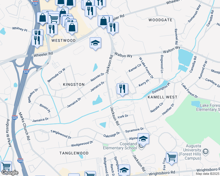map of restaurants, bars, coffee shops, grocery stores, and more near 3104 Olde Brownstone Court in Augusta