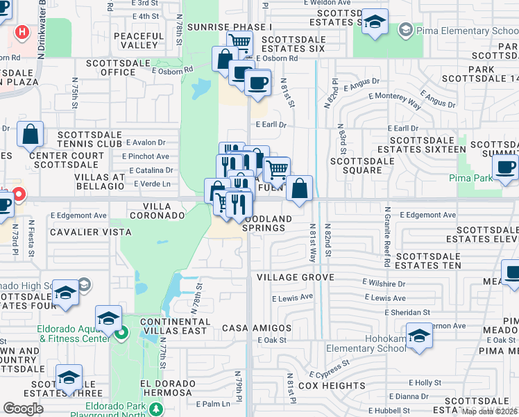 map of restaurants, bars, coffee shops, grocery stores, and more near 7950 East Thomas Road in Scottsdale