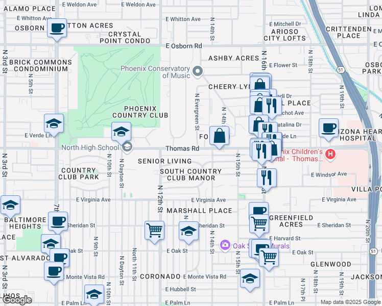 map of restaurants, bars, coffee shops, grocery stores, and more near 1233 East Thomas Road in Phoenix