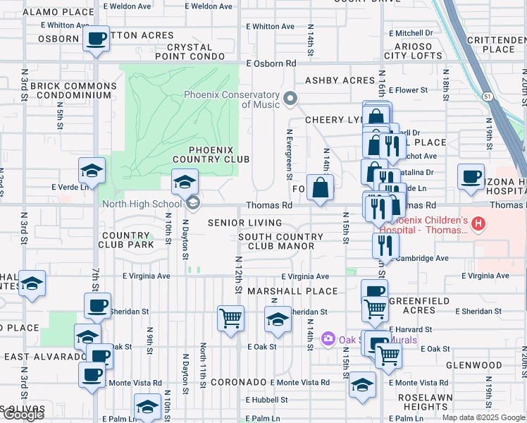 map of restaurants, bars, coffee shops, grocery stores, and more near 1233 East Thomas Road in Phoenix