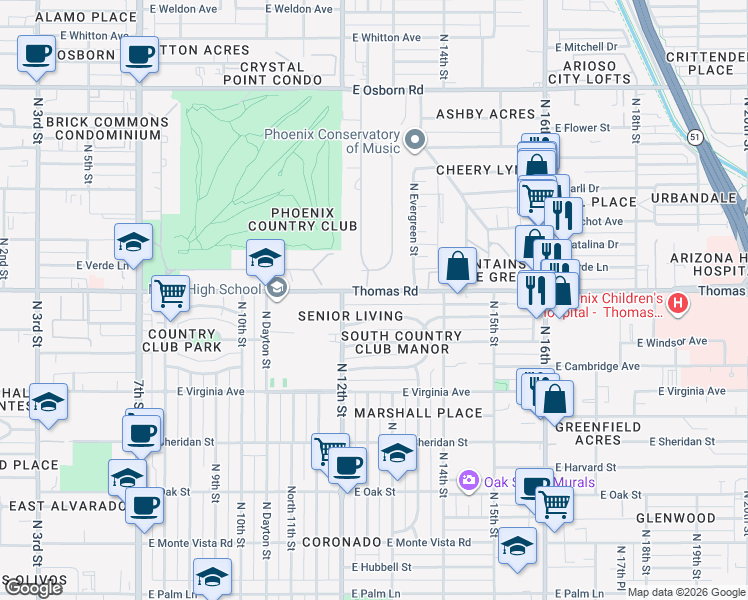 map of restaurants, bars, coffee shops, grocery stores, and more near 1233 East Thomas Road in Phoenix