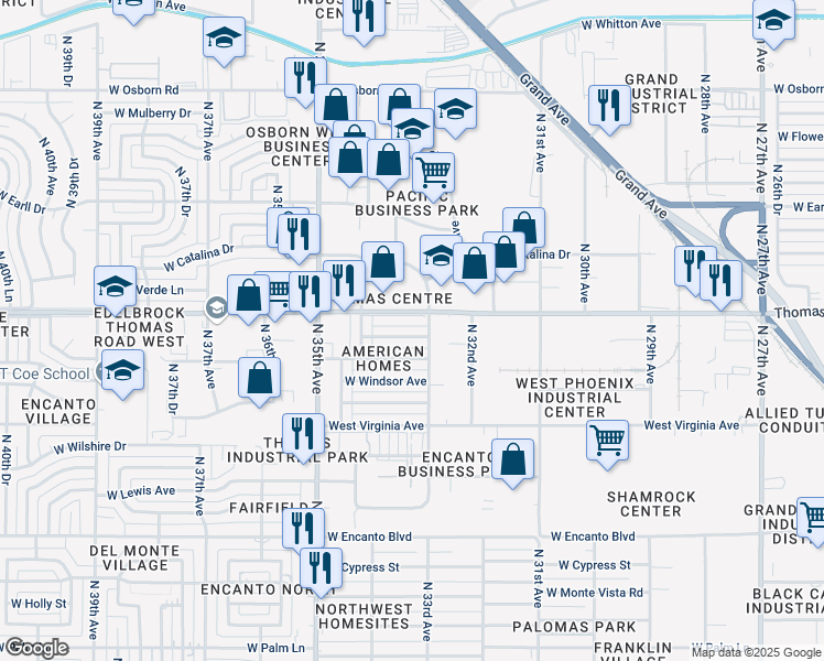 map of restaurants, bars, coffee shops, grocery stores, and more near 3320 West Edgemont Avenue in Phoenix