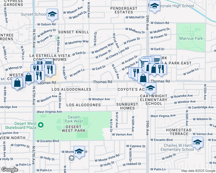 map of restaurants, bars, coffee shops, grocery stores, and more near 6131 West Thomas Road in Phoenix