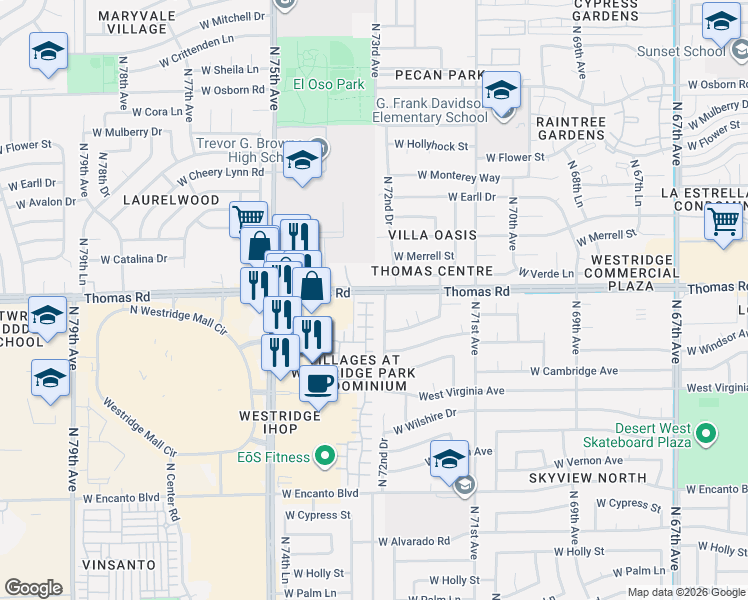 map of restaurants, bars, coffee shops, grocery stores, and more near 2845 North 73rd Drive in Phoenix