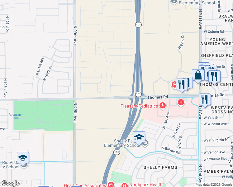map of restaurants, bars, coffee shops, grocery stores, and more near 9301 West Thomas Road in Phoenix