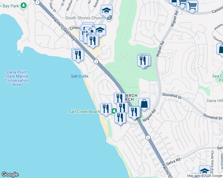 map of restaurants, bars, coffee shops, grocery stores, and more near 56 Ritz Cove Drive in Dana Point