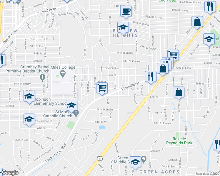 map of restaurants, bars, coffee shops, grocery stores, and more near 5516 Court I in Birmingham