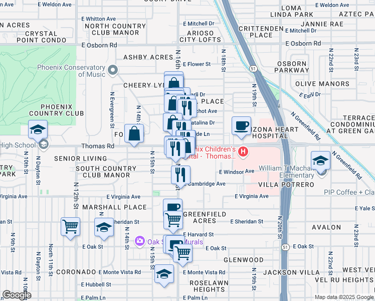 map of restaurants, bars, coffee shops, grocery stores, and more near 1617 East Thomas Road in Phoenix