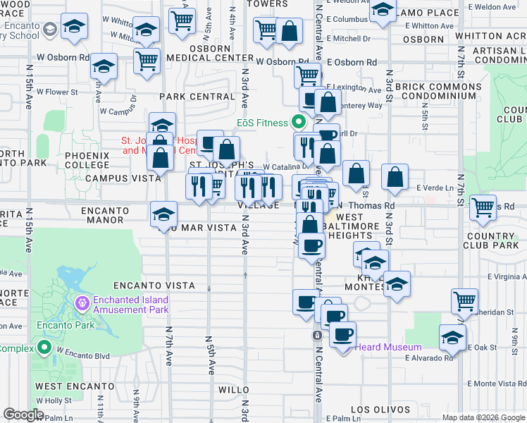 map of restaurants, bars, coffee shops, grocery stores, and more near 61 West Thomas Road in Phoenix