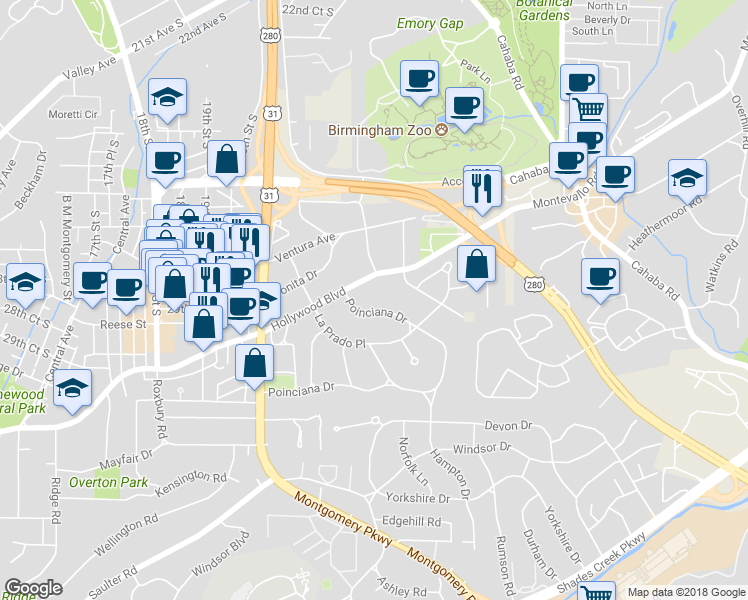 map of restaurants, bars, coffee shops, grocery stores, and more near 213 Poinciana Drive in Birmingham