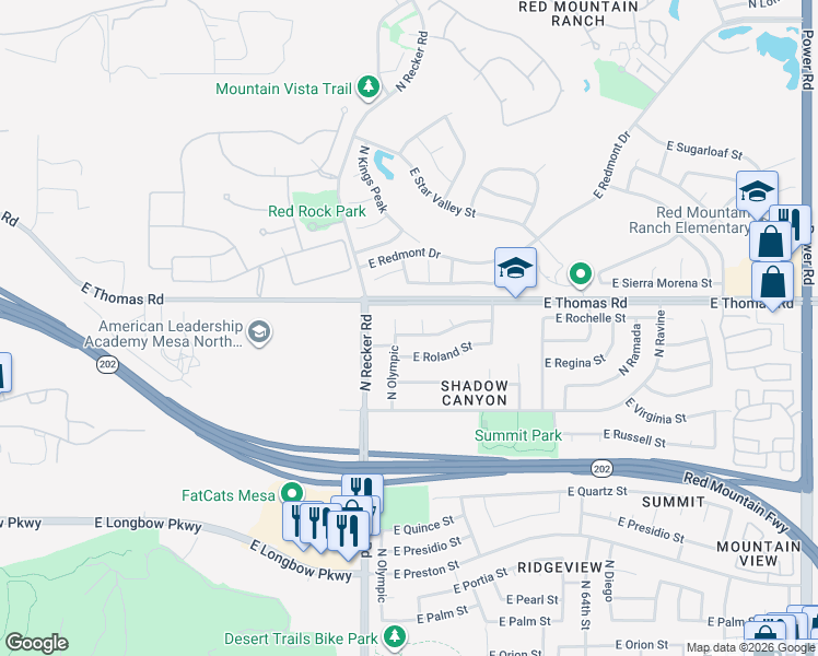 map of restaurants, bars, coffee shops, grocery stores, and more near 3545 North San Gabriel Circle in Mesa