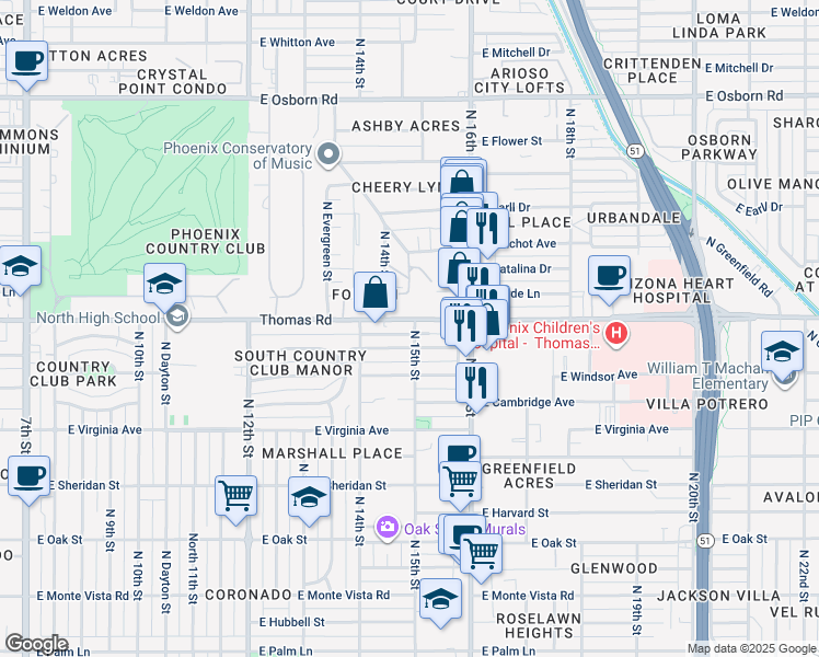 map of restaurants, bars, coffee shops, grocery stores, and more near 1445 East Thomas Road in Phoenix
