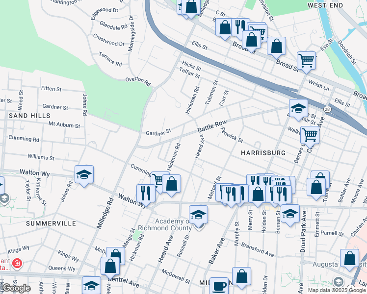 map of restaurants, bars, coffee shops, grocery stores, and more near 706 Hickman Road in Augusta