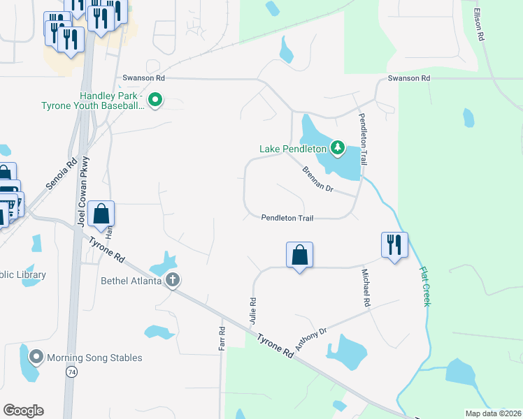 map of restaurants, bars, coffee shops, grocery stores, and more near 325 Pendleton Trail in Tyrone