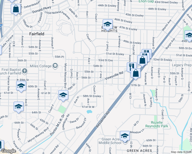 map of restaurants, bars, coffee shops, grocery stores, and more near 5516 Court I in Birmingham