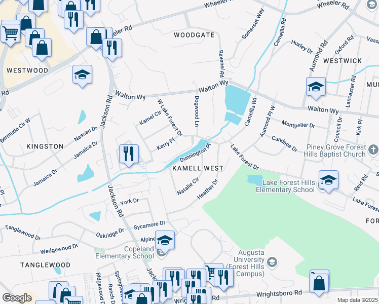 map of restaurants, bars, coffee shops, grocery stores, and more near 3150 W Lake Forest Dr in Augusta